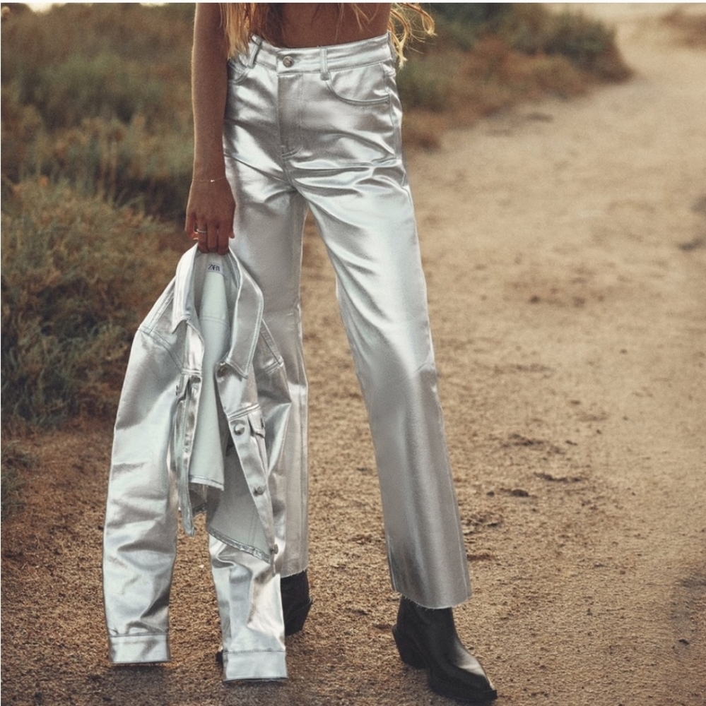 Zara Metallic High Rise Straight Cut Jeans - Picture 9 of 15